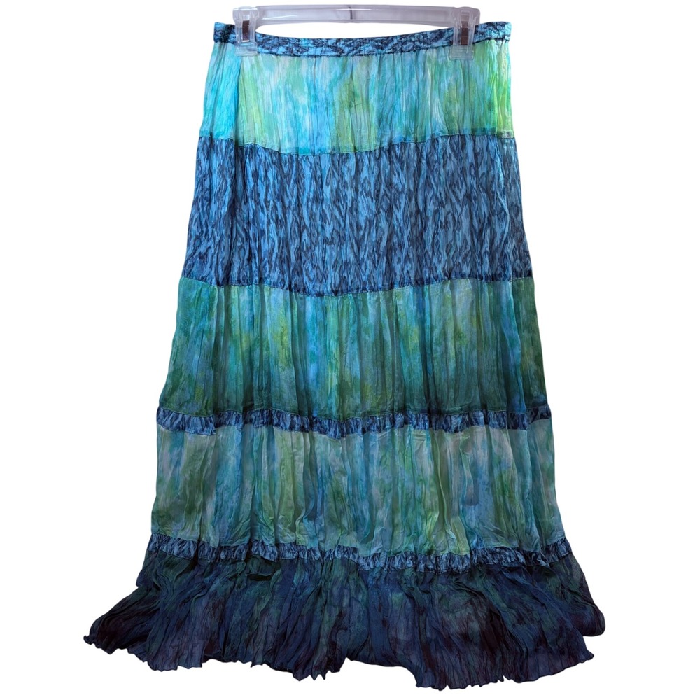 Chicos Womens Blue Green Watercolor Tiered Crinkle Maxi Skirt Size 1 Medium Boho